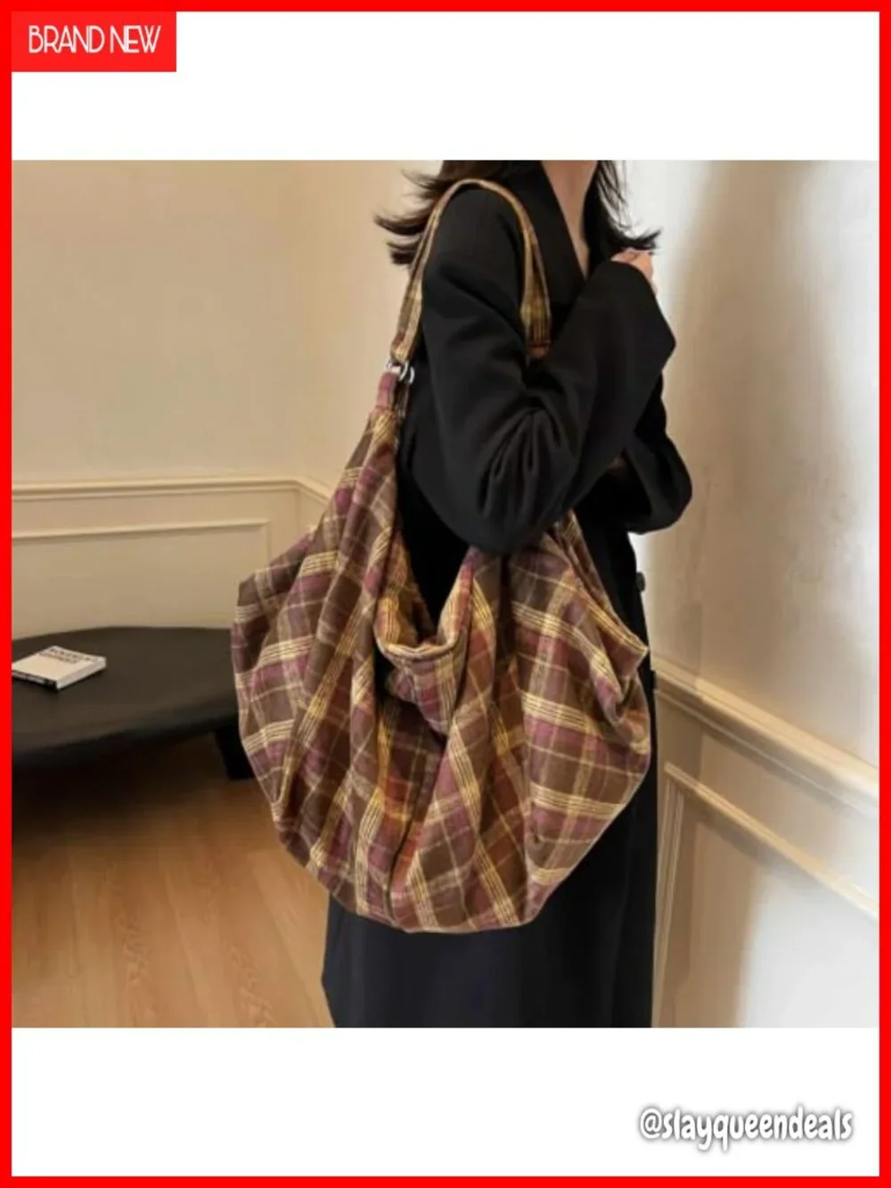 Plaid Woolen Hobo Shoulder Bag Large Capacity